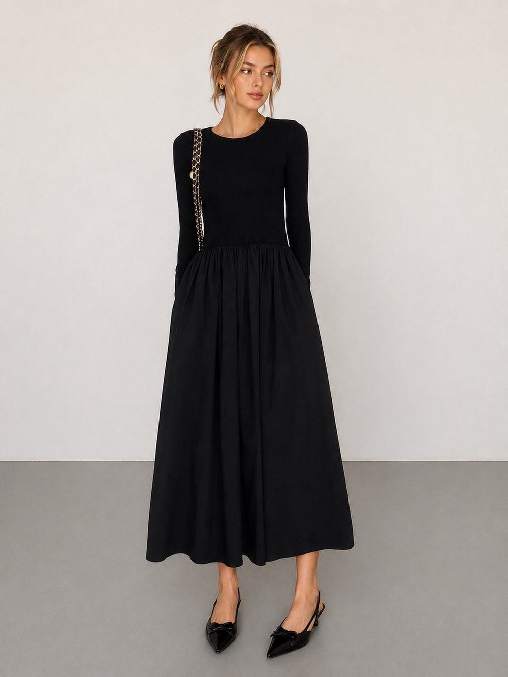COMMENSE Leisure Pockets Long Sleeve Long Dress COLOR - Black, size large NWT